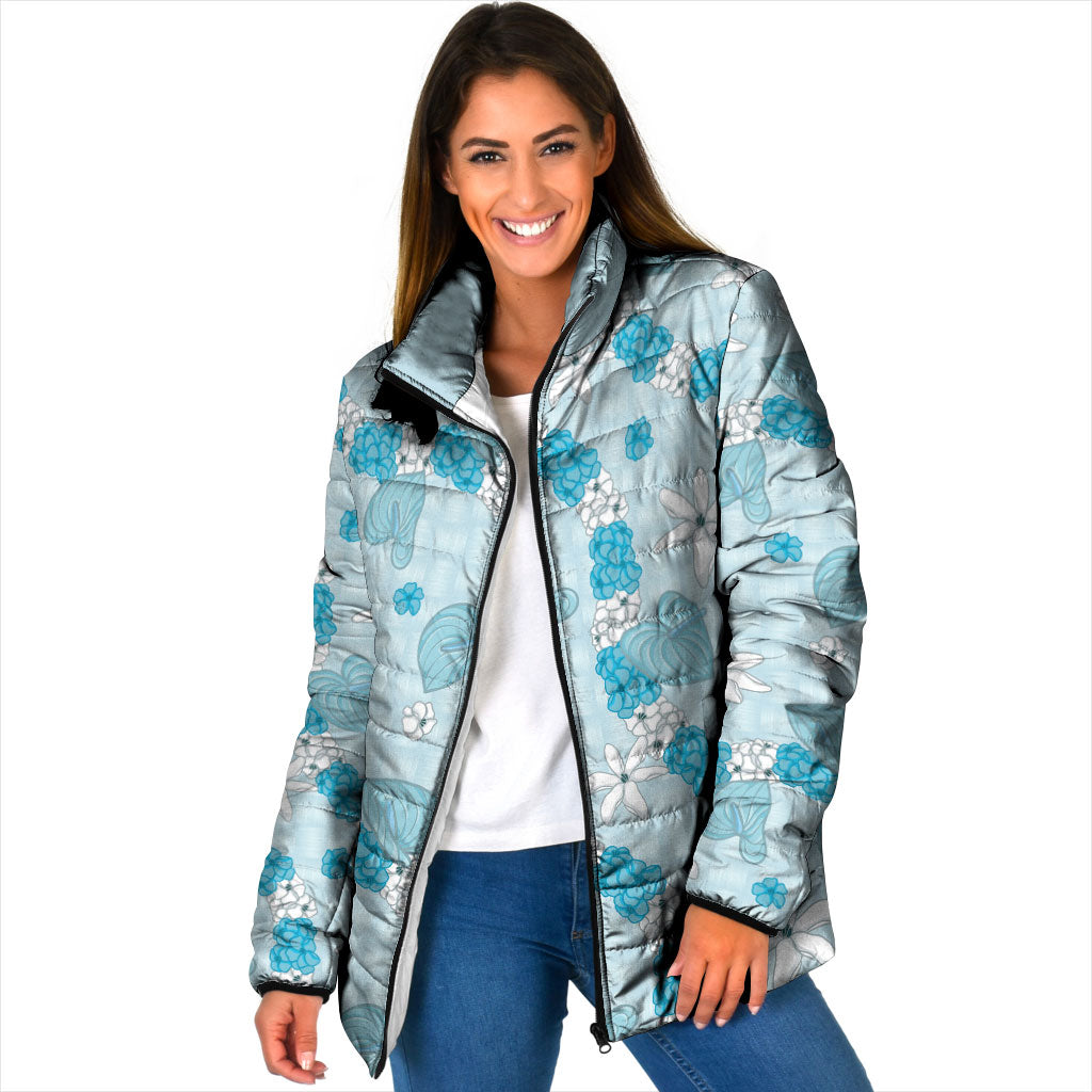 Hawaii Anthurium Tiare Pikake Lei Padded Jacket UliUli Lauhala Art Pattern LT01 Women Blue - Polynesian Pride