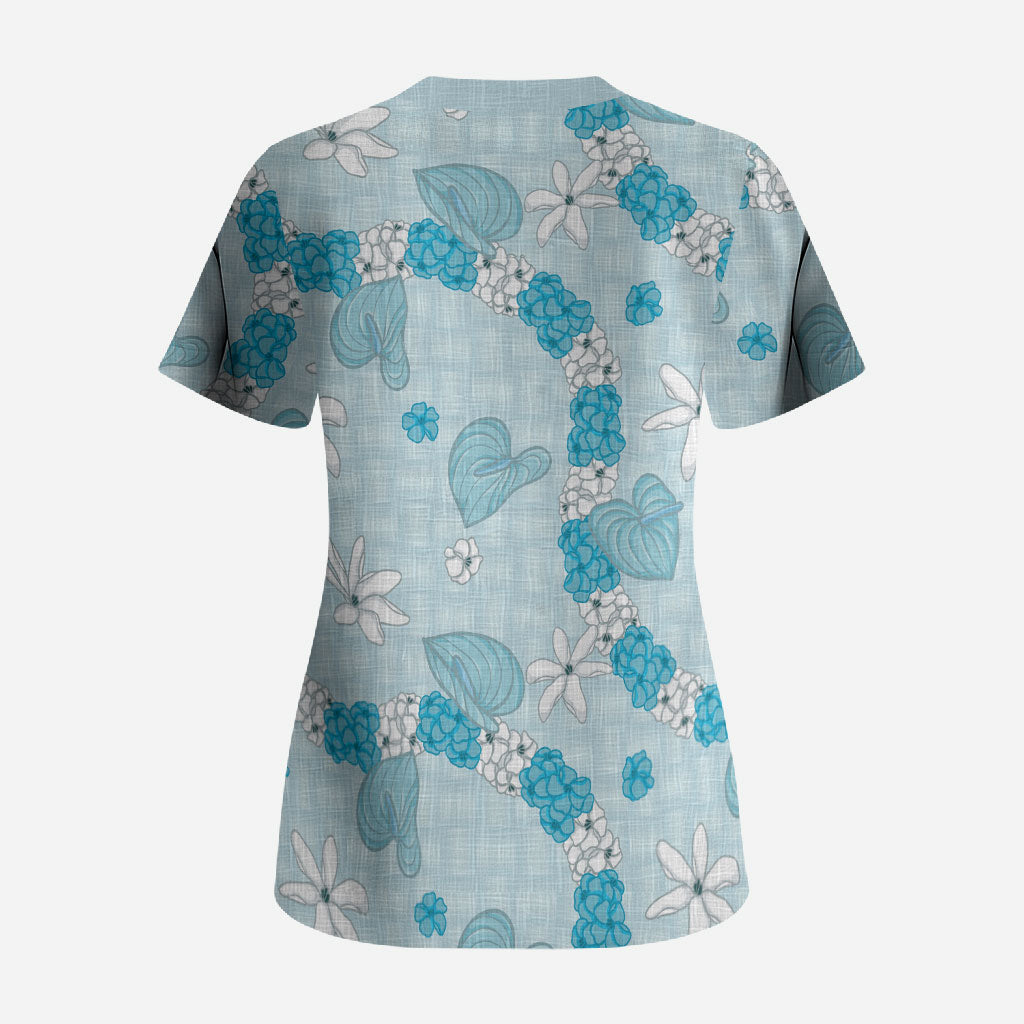 Hawaii Anthurium Tiare Pikake Lei Scrub Top UliUli Lauhala Art Pattern