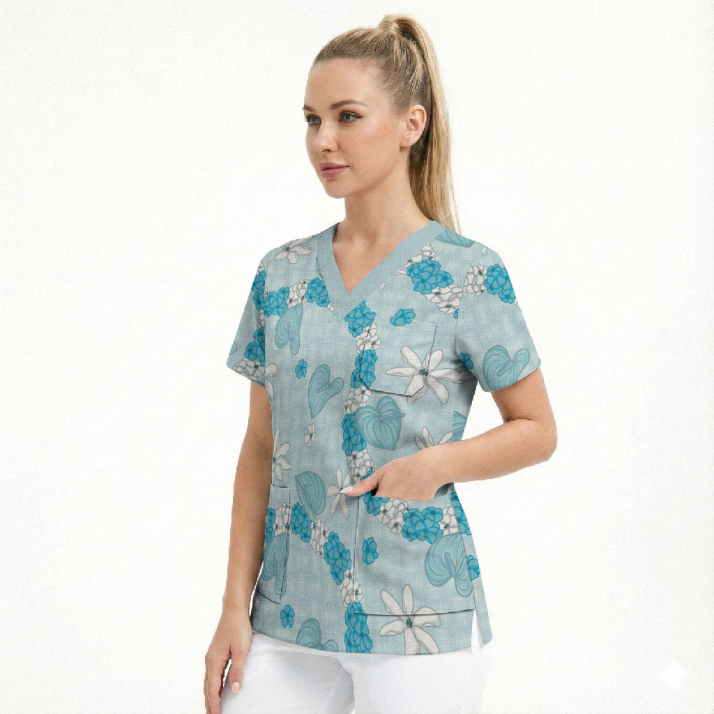 Hawaii Anthurium Tiare Pikake Lei Scrub Top UliUli Lauhala Art Pattern