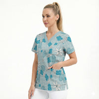 Hawaii Anthurium Tiare Pikake Lei Scrub Top UliUli Lauhala Art Pattern
