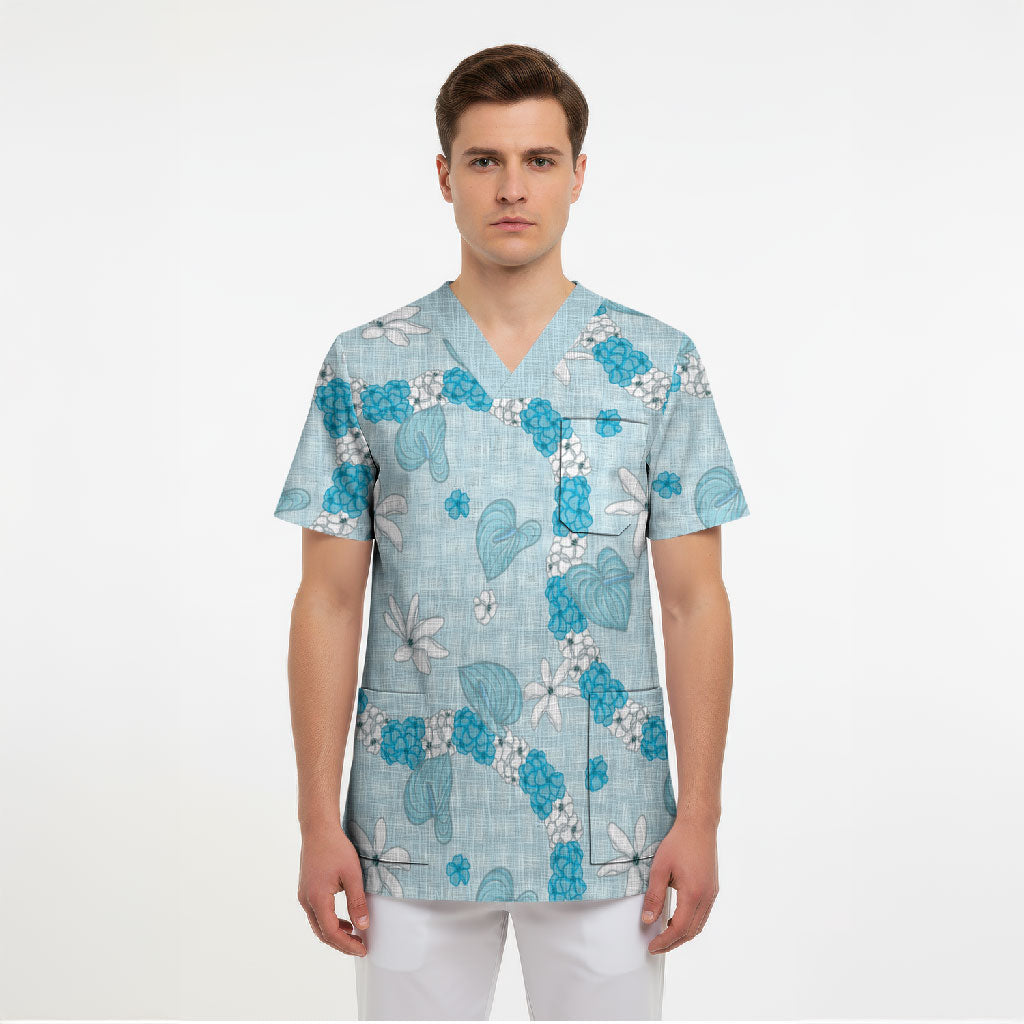 Hawaii Anthurium Tiare Pikake Lei Scrub Top UliUli Lauhala Art Pattern
