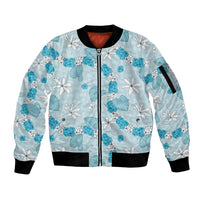 Hawaii Anthurium Tiare Pikake Lei Sleeve Zip Bomber Jacket UliUli Lauhala Art Pattern LT01 Unisex Blue - Polynesian Pride