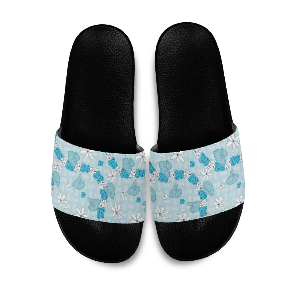 Hawaii Anthurium Tiare Pikake Lei Slide Sandals UliUli Lauhala Art Pattern
