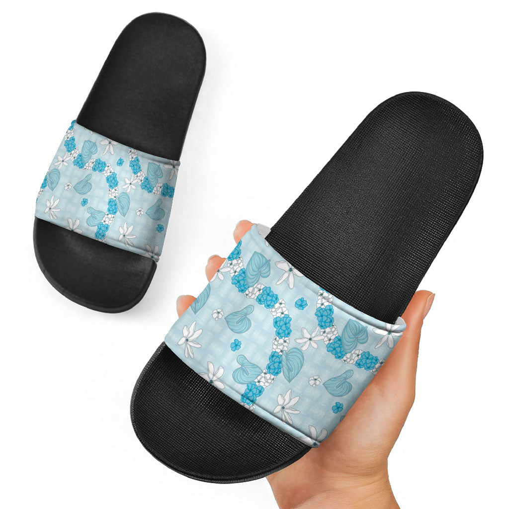 Hawaii Anthurium Tiare Pikake Lei Slide Sandals UliUli Lauhala Art Pattern
