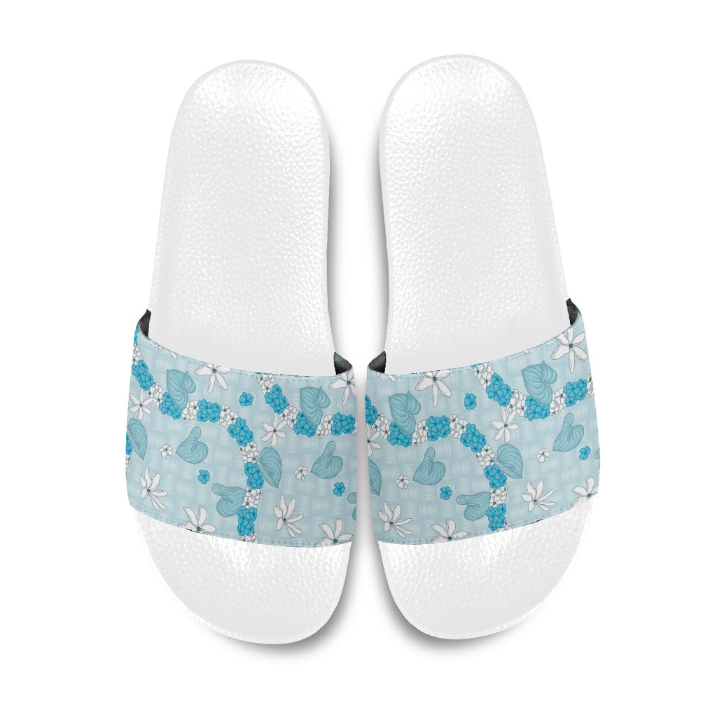 Hawaii Anthurium Tiare Pikake Lei Slide Sandals UliUli Lauhala Art Pattern