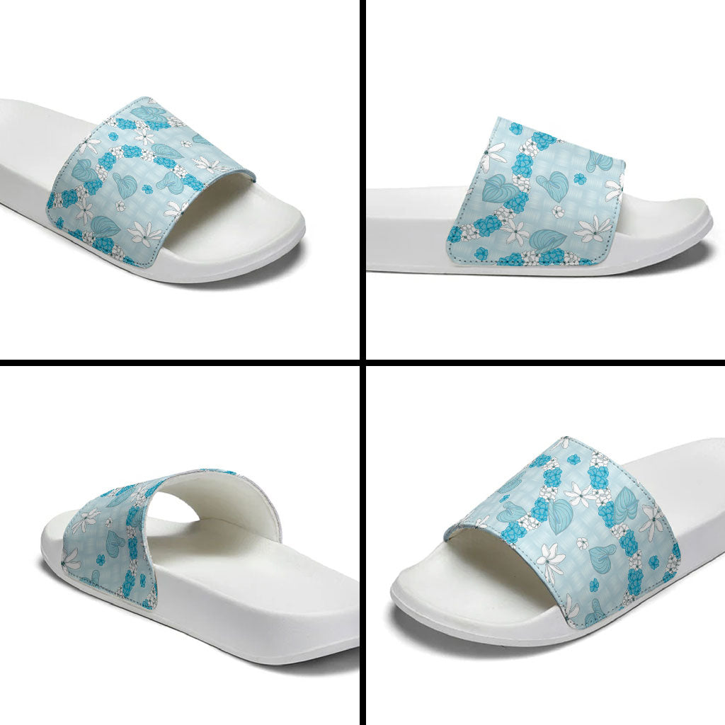 Hawaii Anthurium Tiare Pikake Lei Slide Sandals UliUli Lauhala Art Pattern