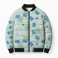 Hawaii Anthurium Tiare Pikake Lei Bomber Puffer Jacket Omaomao Lauhala Art Pattern