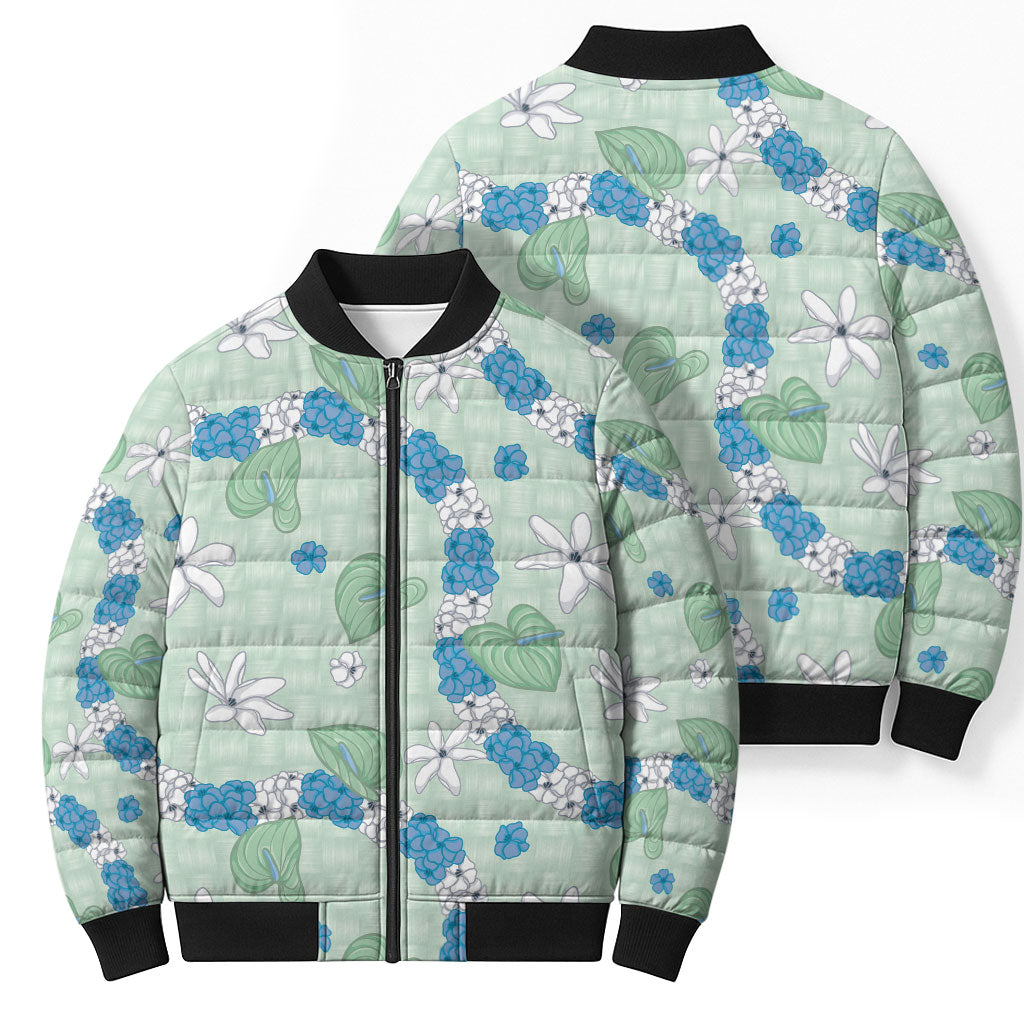 Hawaii Anthurium Tiare Pikake Lei Bomber Puffer Jacket Omaomao Lauhala Art Pattern