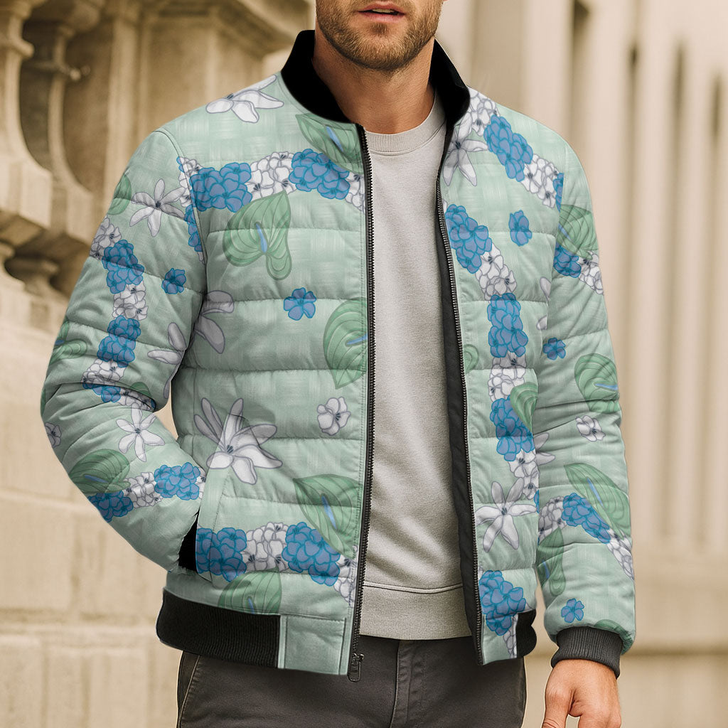 Hawaii Anthurium Tiare Pikake Lei Bomber Puffer Jacket Omaomao Lauhala Art Pattern