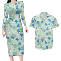 Hawaii Anthurium Tiare Pikake Lei Couples Matching Long Sleeve Bodycon Dress and Hawaiian Shirt Omaomao Lauhala Art Pattern LT01 Green - Polynesian Pride