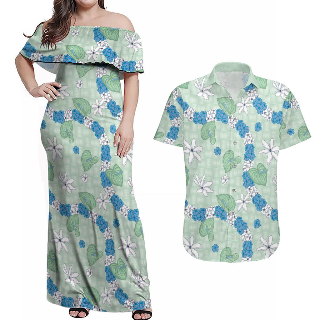 Hawaii Anthurium Tiare Pikake Lei Couples Matching Off Shoulder Maxi Dress and Hawaiian Shirt Omaomao Lauhala Art Pattern
