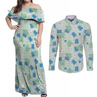 Hawaii Anthurium Tiare Pikake Lei Couples Matching Off Shoulder Maxi Dress and Long Sleeve Button Shirt Omaomao Lauhala Art Pattern LT01 Green - Polynesian Pride