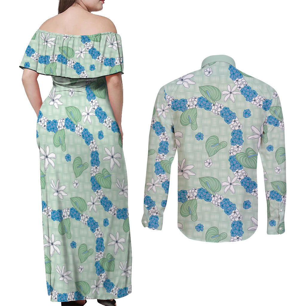 Hawaii Anthurium Tiare Pikake Lei Couples Matching Off Shoulder Maxi Dress and Long Sleeve Button Shirt Omaomao Lauhala Art Pattern LT01 - Polynesian Pride