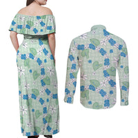 Hawaii Anthurium Tiare Pikake Lei Couples Matching Off Shoulder Maxi Dress and Long Sleeve Button Shirt Omaomao Lauhala Art Pattern LT01 - Polynesian Pride
