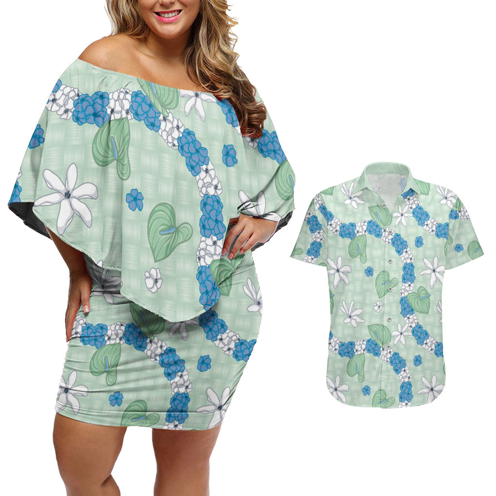Hawaii Anthurium Tiare Pikake Lei Couples Matching Off Shoulder Short Dress and Hawaiian Shirt Omaomao Lauhala Art Pattern LT01 Green - Polynesian Pride