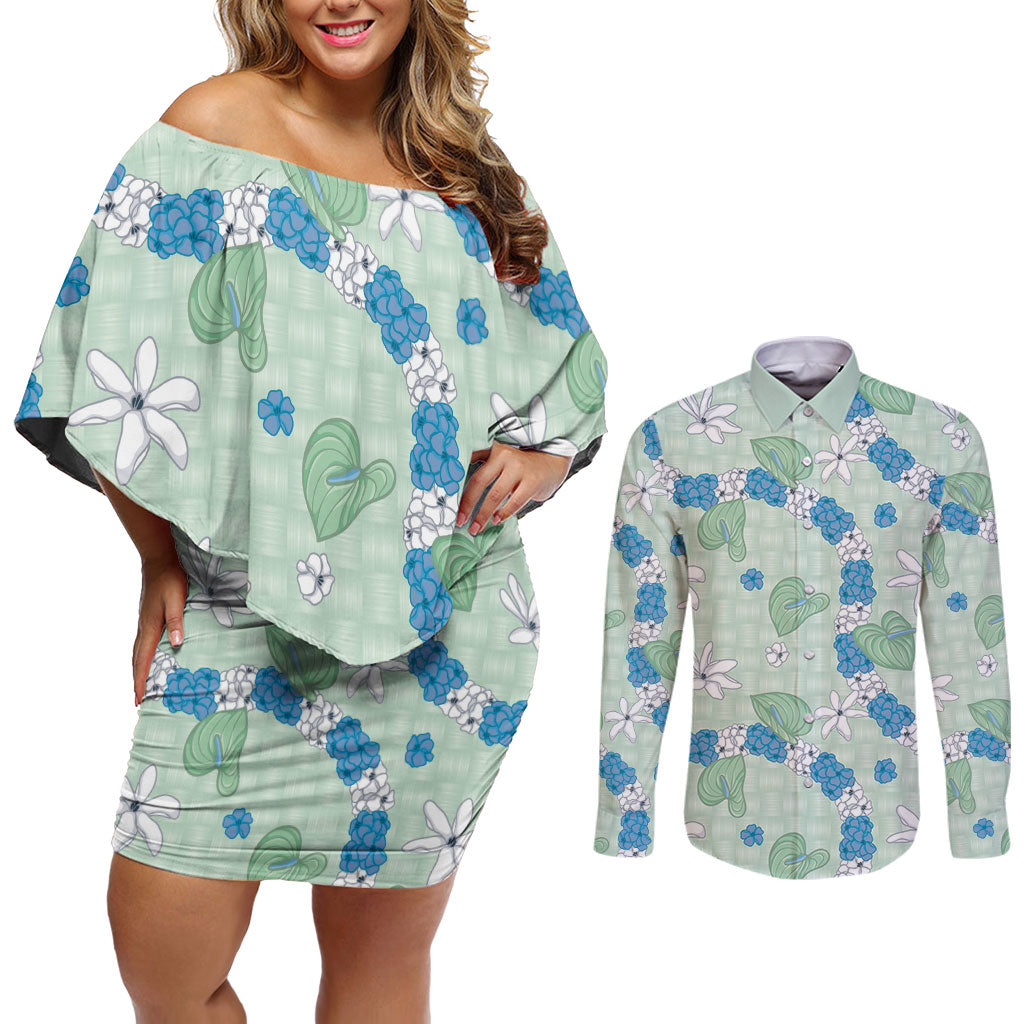 Hawaii Anthurium Tiare Pikake Lei Couples Matching Off Shoulder Short Dress and Long Sleeve Button Shirt Omaomao Lauhala Art Pattern LT01 Green - Polynesian Pride