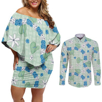 Hawaii Anthurium Tiare Pikake Lei Couples Matching Off Shoulder Short Dress and Long Sleeve Button Shirt Omaomao Lauhala Art Pattern LT01 Green - Polynesian Pride