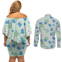 Hawaii Anthurium Tiare Pikake Lei Couples Matching Off Shoulder Short Dress and Long Sleeve Button Shirt Omaomao Lauhala Art Pattern LT01 - Polynesian Pride