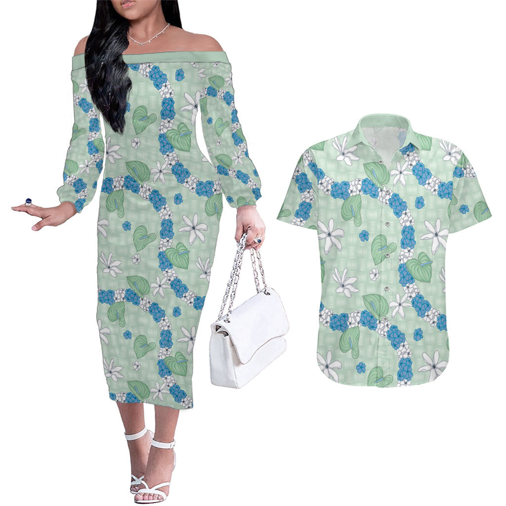 Hawaii Anthurium Tiare Pikake Lei Couples Matching Off The Shoulder Long Sleeve Dress and Hawaiian Shirt Omaomao Lauhala Art Pattern LT01 Green - Polynesian Pride