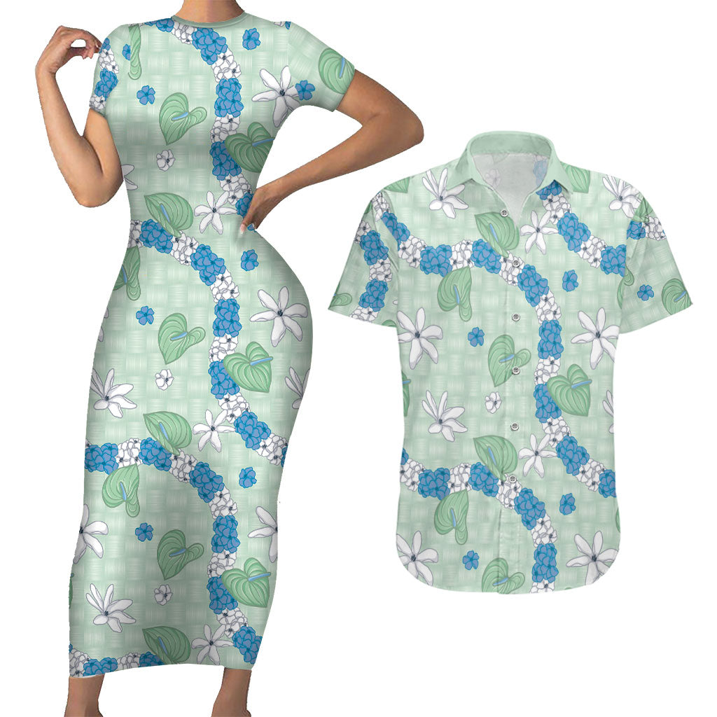 Hawaii Anthurium Tiare Pikake Lei Couples Matching Short Sleeve Bodycon Dress and Hawaiian Shirt Omaomao Lauhala Art Pattern LT01 Green - Polynesian Pride
