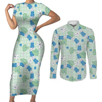 Hawaii Anthurium Tiare Pikake Lei Couples Matching Short Sleeve Bodycon Dress and Long Sleeve Button Shirt Omaomao Lauhala Art Pattern