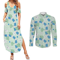 Hawaii Anthurium Tiare Pikake Lei Couples Matching Summer Maxi Dress and Long Sleeve Button Shirt Omaomao Lauhala Art Pattern LT01 Green - Polynesian Pride