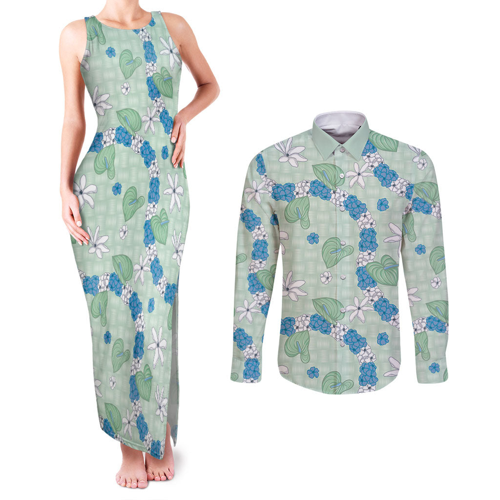 Hawaii Anthurium Tiare Pikake Lei Couples Matching Tank Maxi Dress and Long Sleeve Button Shirt Omaomao Lauhala Art Pattern