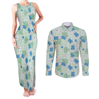 Hawaii Anthurium Tiare Pikake Lei Couples Matching Tank Maxi Dress and Long Sleeve Button Shirt Omaomao Lauhala Art Pattern LT01 Green - Polynesian Pride