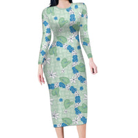 Hawaii Anthurium Tiare Pikake Lei Family Matching Long Sleeve Bodycon Dress and Hawaiian Shirt Omaomao Lauhala Art Pattern LT01 Mom's Dress Green - Polynesian Pride