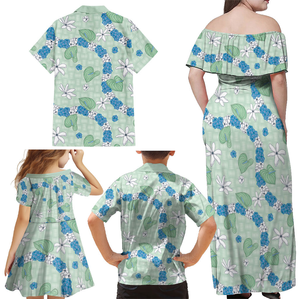 Hawaii Anthurium Tiare Pikake Lei Family Matching Off Shoulder Maxi Dress and Hawaiian Shirt Omaomao Lauhala Art Pattern