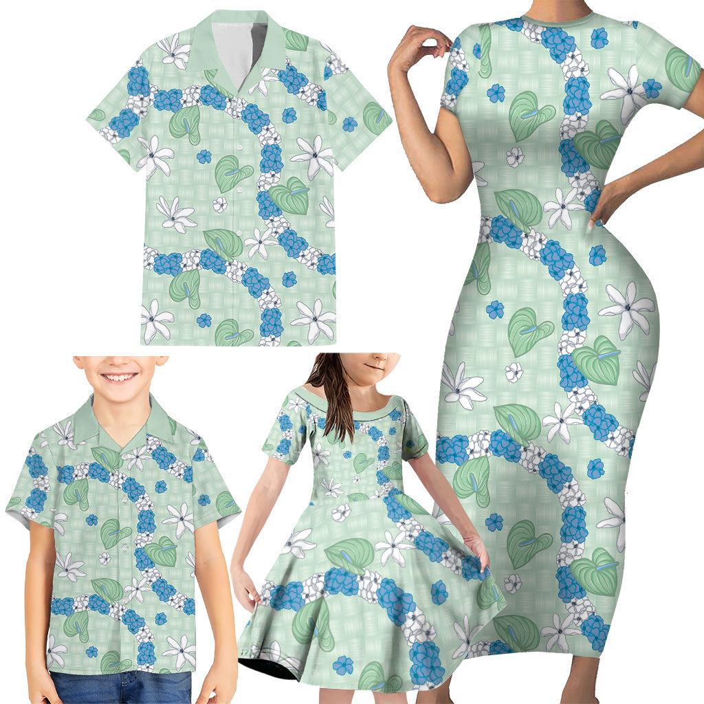 Hawaii Anthurium Tiare Pikake Lei Family Matching Short Sleeve Bodycon Dress and Hawaiian Shirt Omaomao Lauhala Art Pattern
