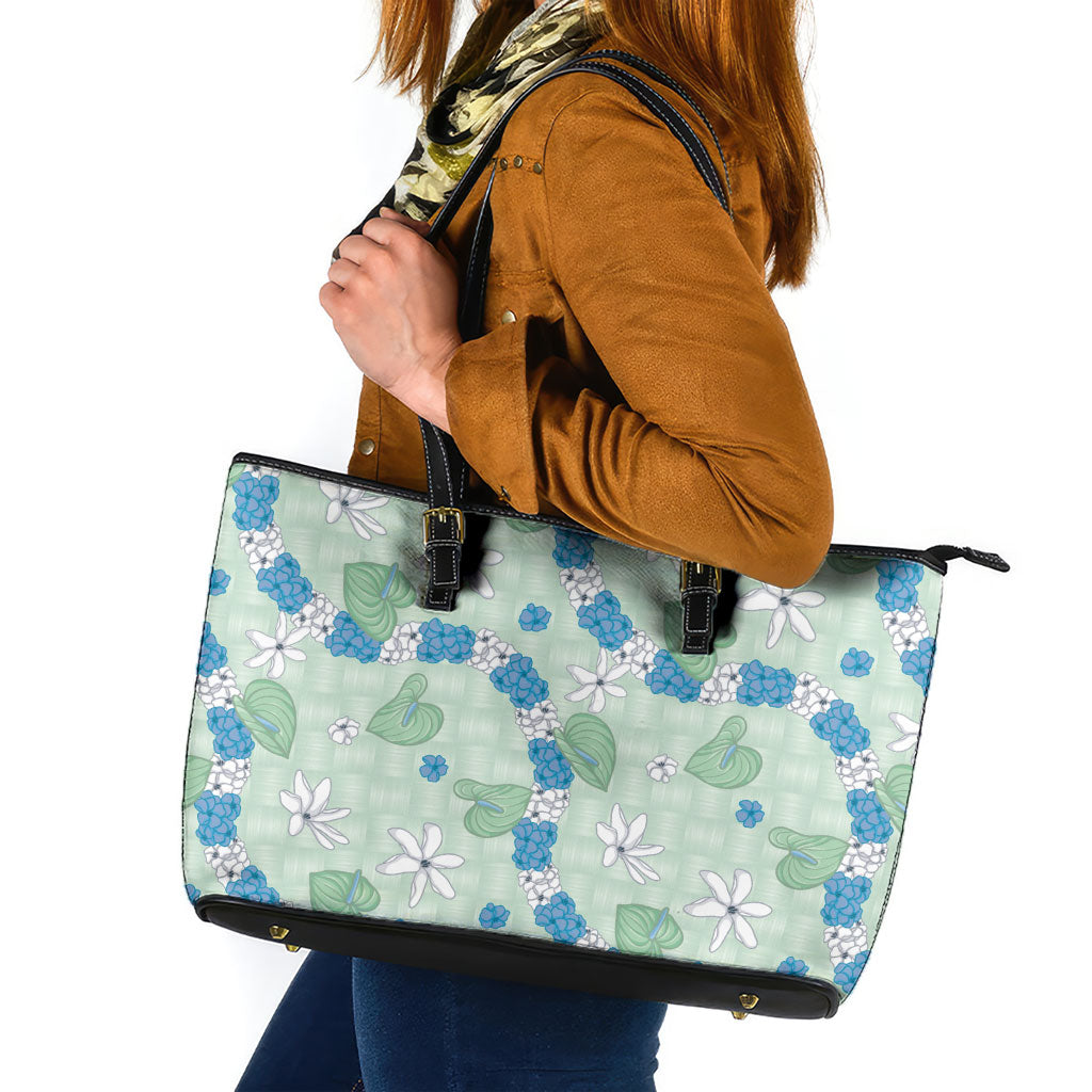 Hawaii Anthurium Tiare Pikake Lei Leather Tote Bag Omaomao Lauhala Art Pattern LT01 Green - Polynesian Pride