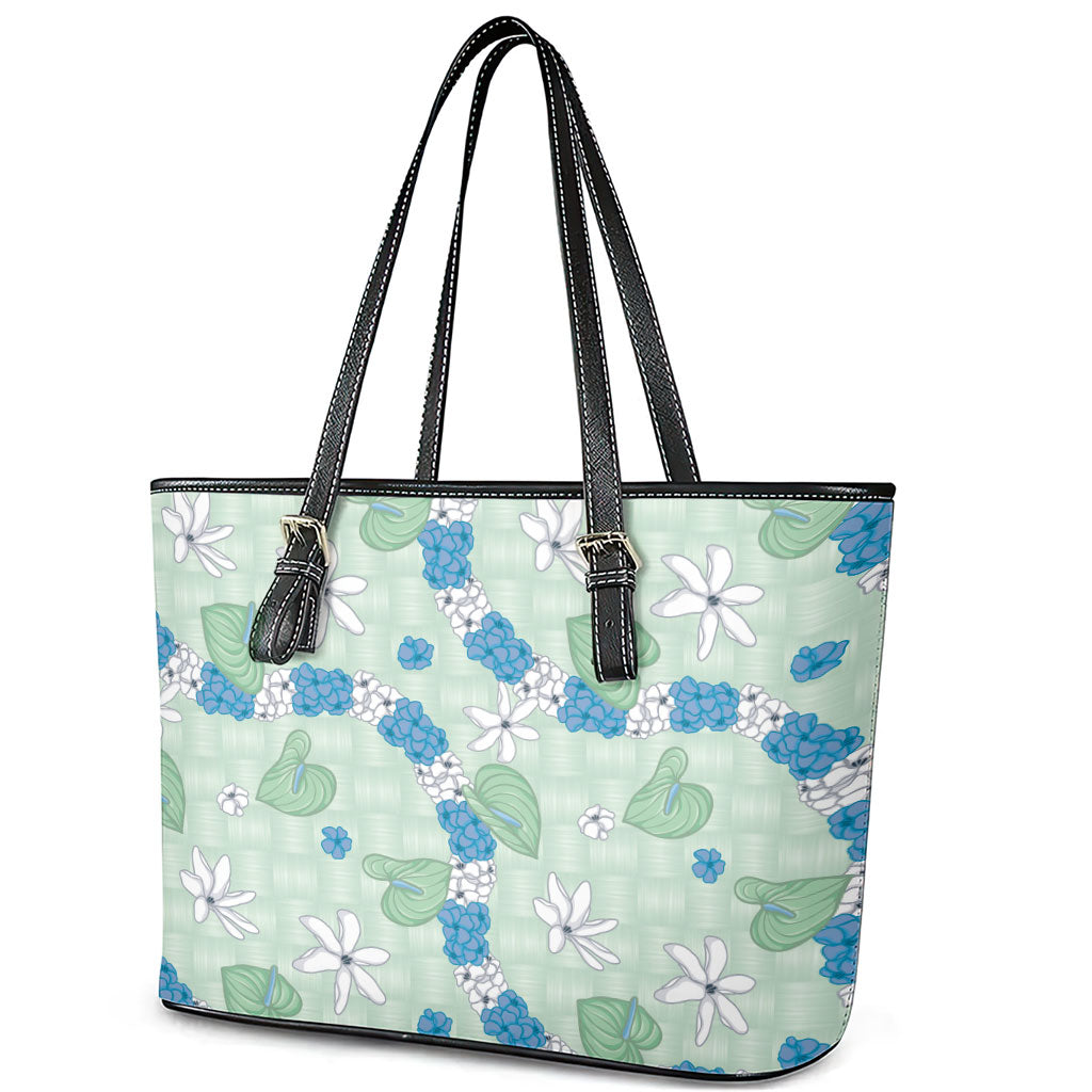 Hawaii Anthurium Tiare Pikake Lei Leather Tote Bag Omaomao Lauhala Art Pattern LT01 - Polynesian Pride