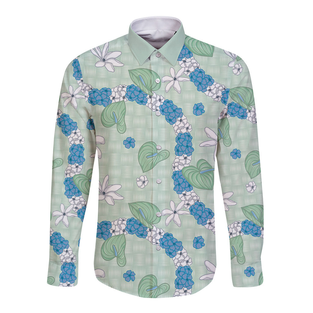 Hawaii Anthurium Tiare Pikake Lei Long Sleeve Button Shirt Omaomao Lauhala Art Pattern