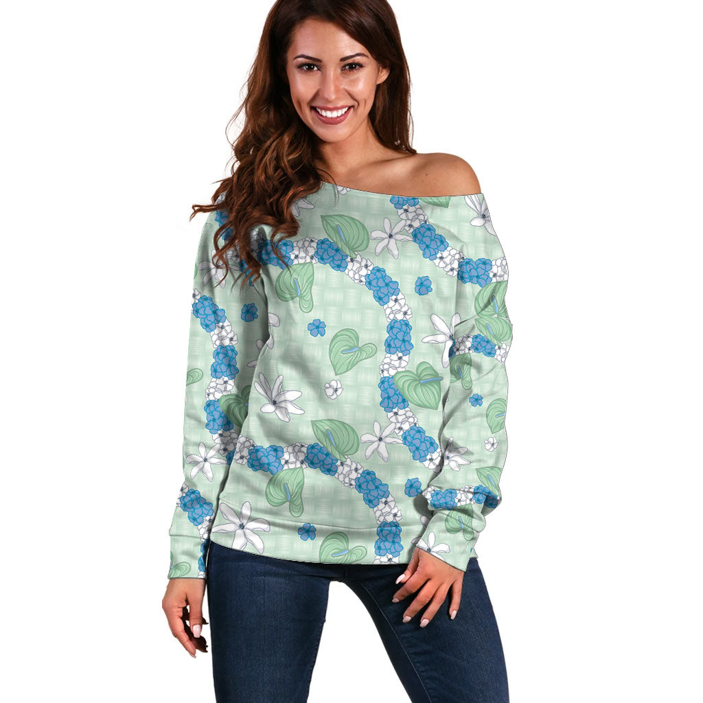 Hawaii Anthurium Tiare Pikake Lei Off Shoulder Sweater Omaomao Lauhala Art Pattern