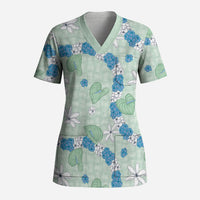 Hawaii Anthurium Tiare Pikake Lei Scrub Top Omaomao Lauhala Art Pattern
