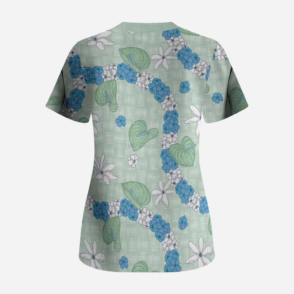 Hawaii Anthurium Tiare Pikake Lei Scrub Top Omaomao Lauhala Art Pattern