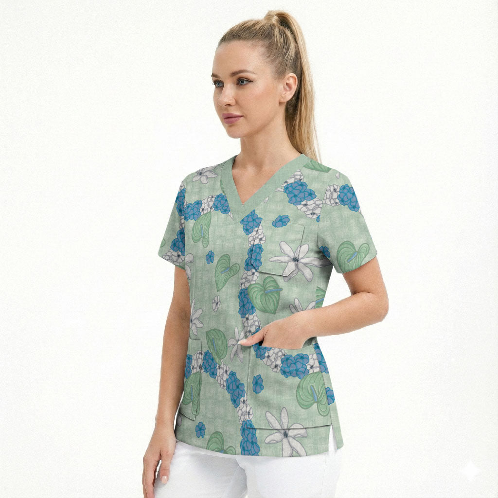 Hawaii Anthurium Tiare Pikake Lei Scrub Top Omaomao Lauhala Art Pattern