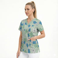 Hawaii Anthurium Tiare Pikake Lei Scrub Top Omaomao Lauhala Art Pattern