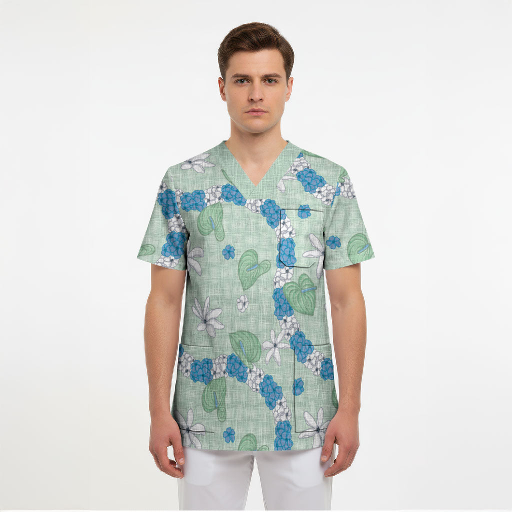 Hawaii Anthurium Tiare Pikake Lei Scrub Top Omaomao Lauhala Art Pattern