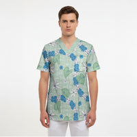 Hawaii Anthurium Tiare Pikake Lei Scrub Top Omaomao Lauhala Art Pattern
