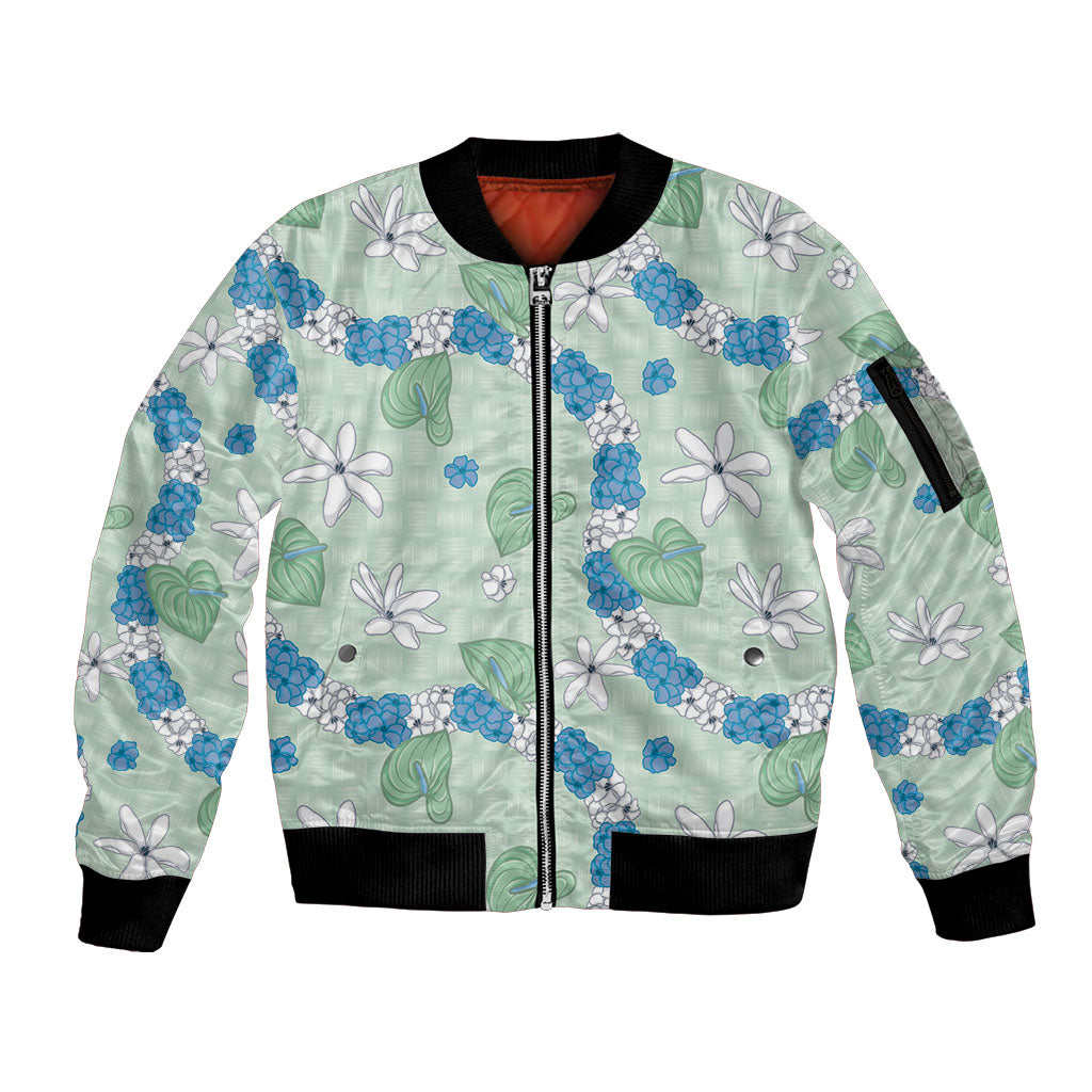 Hawaii Anthurium Tiare Pikake Lei Sleeve Zip Bomber Jacket Omaomao Lauhala Art Pattern