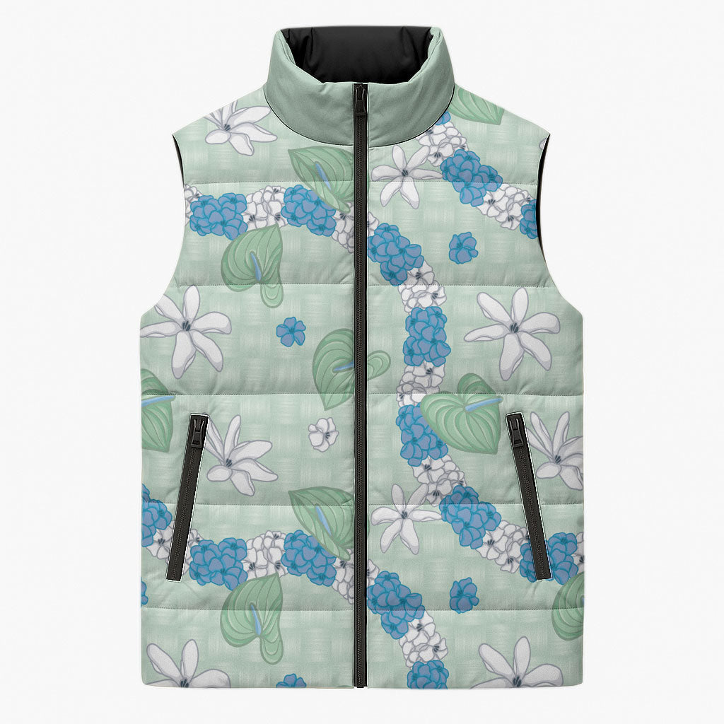 Hawaii Anthurium Tiare Pikake Lei Sleeveless Puffer Jacket Omaomao Lauhala Art Pattern