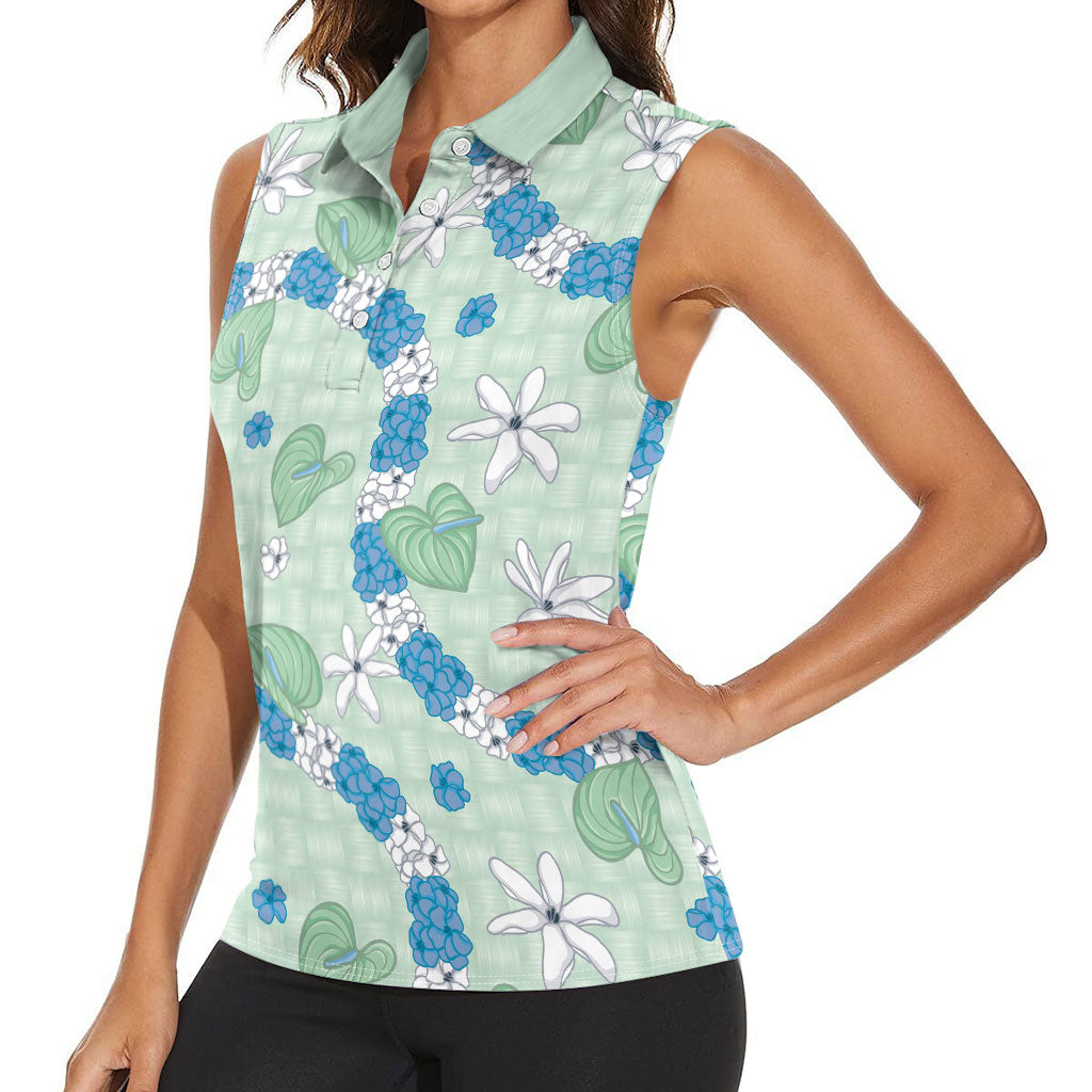 Hawaii Anthurium Tiare Pikake Lei Women Sleeveless Polo Shirt Omaomao Lauhala Art Pattern LT01 - Polynesian Pride