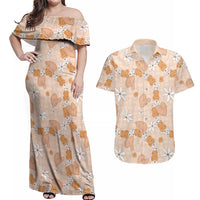 Hawaii Anthurium Tiare Pikake Lei Couples Matching Off Shoulder Maxi Dress and Hawaiian Shirt Alani Lauhala Art Pattern LT01 Orange - Polynesian Pride