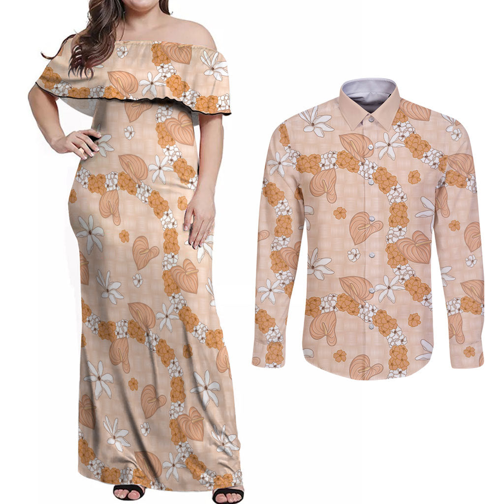 Hawaii Anthurium Tiare Pikake Lei Couples Matching Off Shoulder Maxi Dress and Long Sleeve Button Shirt Alani Lauhala Art Pattern