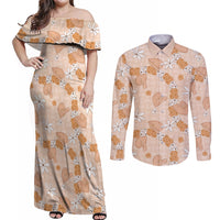Hawaii Anthurium Tiare Pikake Lei Couples Matching Off Shoulder Maxi Dress and Long Sleeve Button Shirt Alani Lauhala Art Pattern