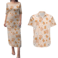 Hawaii Anthurium Tiare Pikake Lei Couples Matching Puletasi and Hawaiian Shirt Alani Lauhala Art Pattern