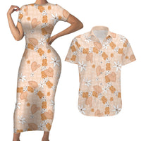 Hawaii Anthurium Tiare Pikake Lei Couples Matching Short Sleeve Bodycon Dress and Hawaiian Shirt Alani Lauhala Art Pattern LT01 Orange - Polynesian Pride