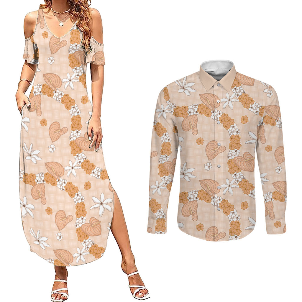 Hawaii Anthurium Tiare Pikake Lei Couples Matching Summer Maxi Dress and Long Sleeve Button Shirt Alani Lauhala Art Pattern